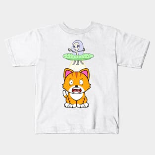 Cute orange cat is abducted by aliens Kids T-Shirt